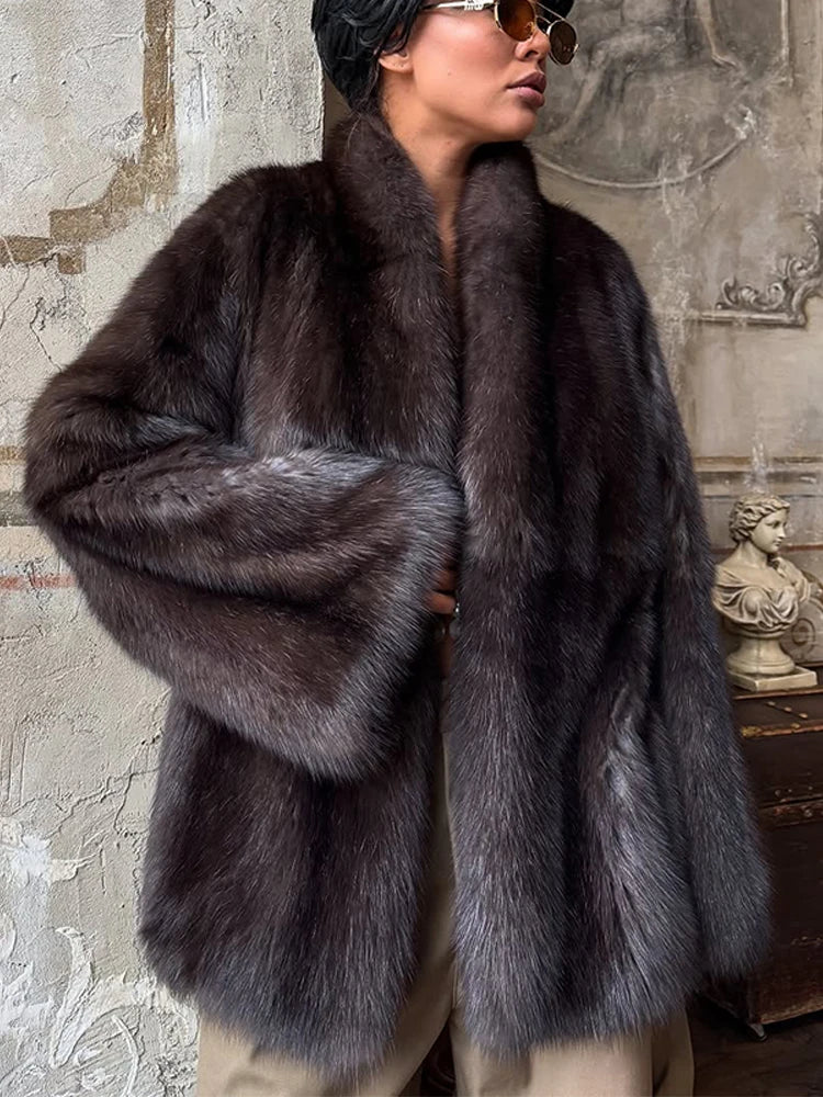 Brown Medium-length Fur Coat Women Lapel Hidden Button Loose Elegant Outerwear 2025 Fashion Office Lady Commute Overcoat New