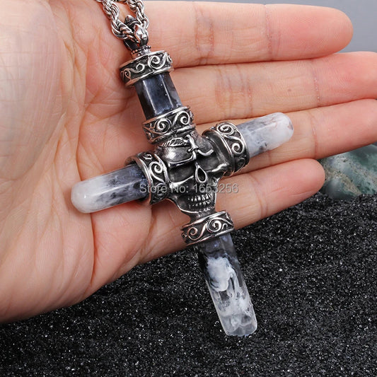 Cool Mens  Vintage Jewelry  Stainless Steel Gothic Biker Large Skull Cross  Pendant Necklace 22" Rope Chain