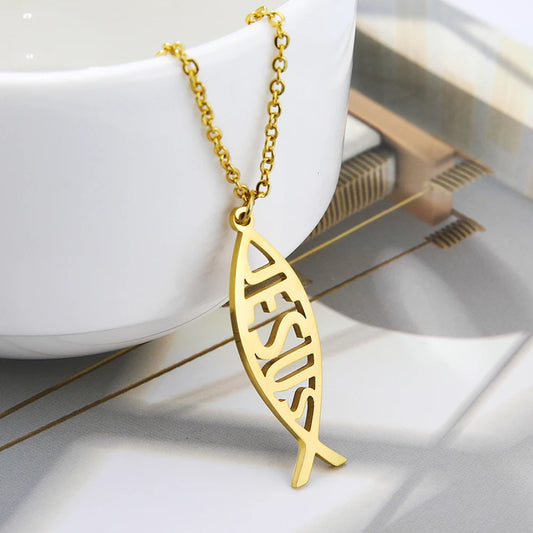 Gold Color Stainless Steel Jesus Fish Necklace For Women Men Fish Shape Christianity Ichthys Pendant Christian Religious Jewelry