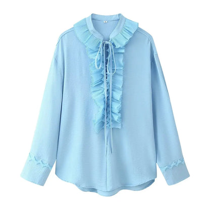 HH Women Summer Fashion Skirt Suit V-Neck Long Sleeves Tierred Decoration Lace-Up Shirts+Side Zipper Circular Chiffon Skirt