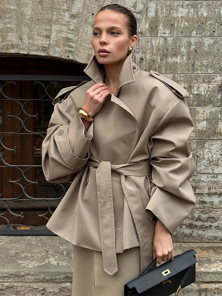 Solid Lapel Lace Up Jacket Elegant Chic Full Sleeve Button Loose Long Coat For Women Office Lady Daily Commute Overcoat 2026 New