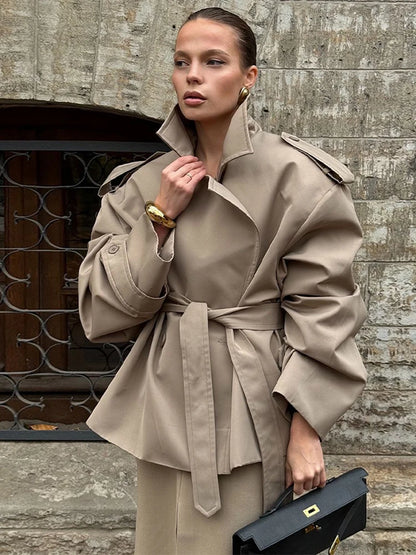Solid Lapel Lace Up Jacket Elegant Chic Full Sleeve Button Loose Long Coat For Women Office Lady Daily Commute Overcoat 2026 New