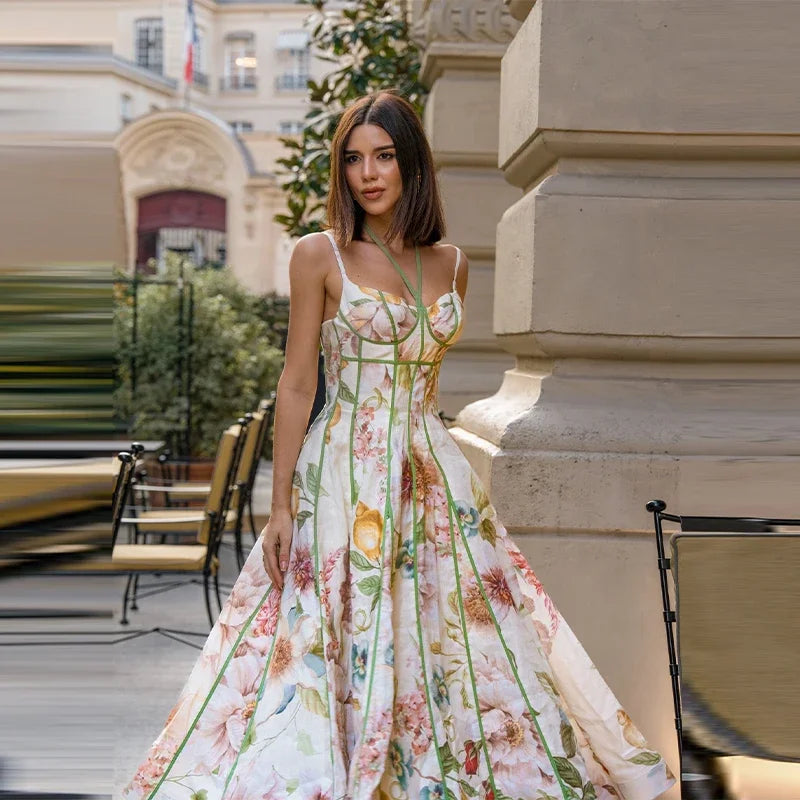 Floral Printed Sleeveless Halter Neck Maxi Dress Lady Waist Cinching A-line Dresses 2026 Women Summer Vacation Party Vestidos