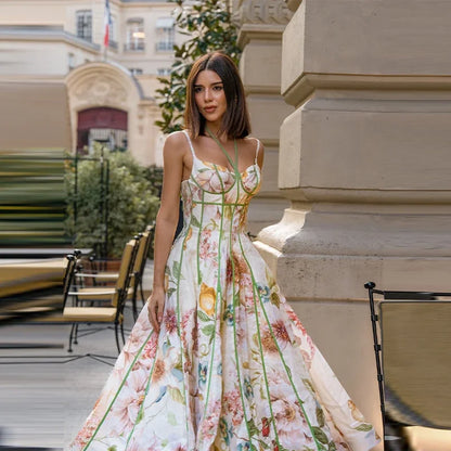 Floral Printed Sleeveless Halter Neck Maxi Dress Lady Waist Cinching A-line Dresses 2026 Women Summer Vacation Party Vestidos
