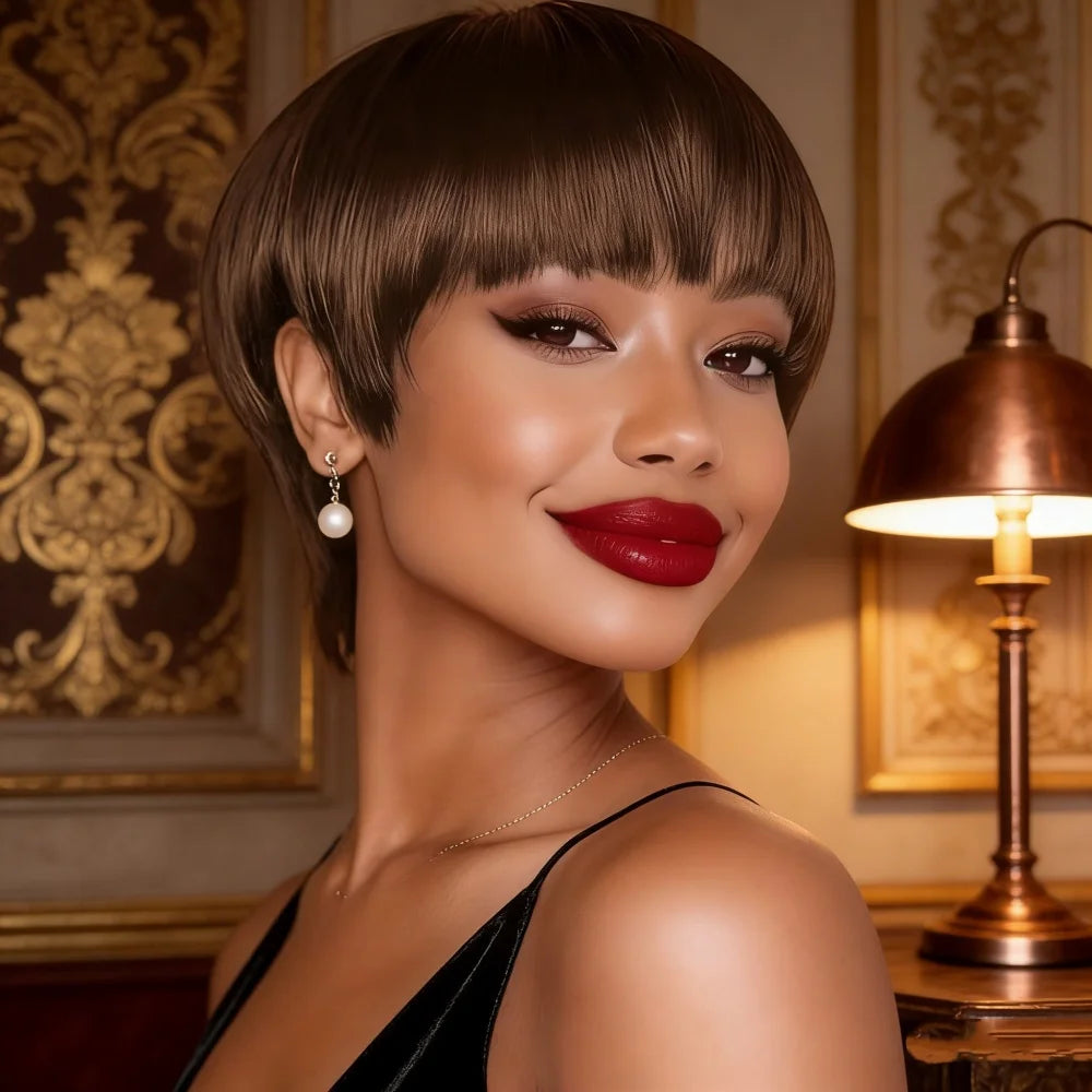 Human Hair Wig Mixed Colors Short Pixie Cut Wig for Women Straight Layered wig Full Machine Made Wigs