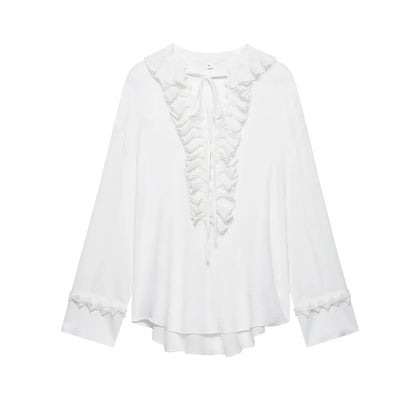 HH Women Summer Fashion Skirt Suit V-Neck Long Sleeves Tierred Decoration Lace-Up Shirts+Side Zipper Circular Chiffon Skirt