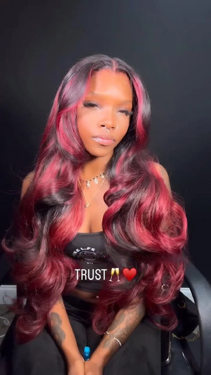 Highlight 5x5 Glueless Wigs Human Hair Pre Plucked Pre Cut Black Hair With Red highlight Body Wave Wigs Human Hair 200% Density