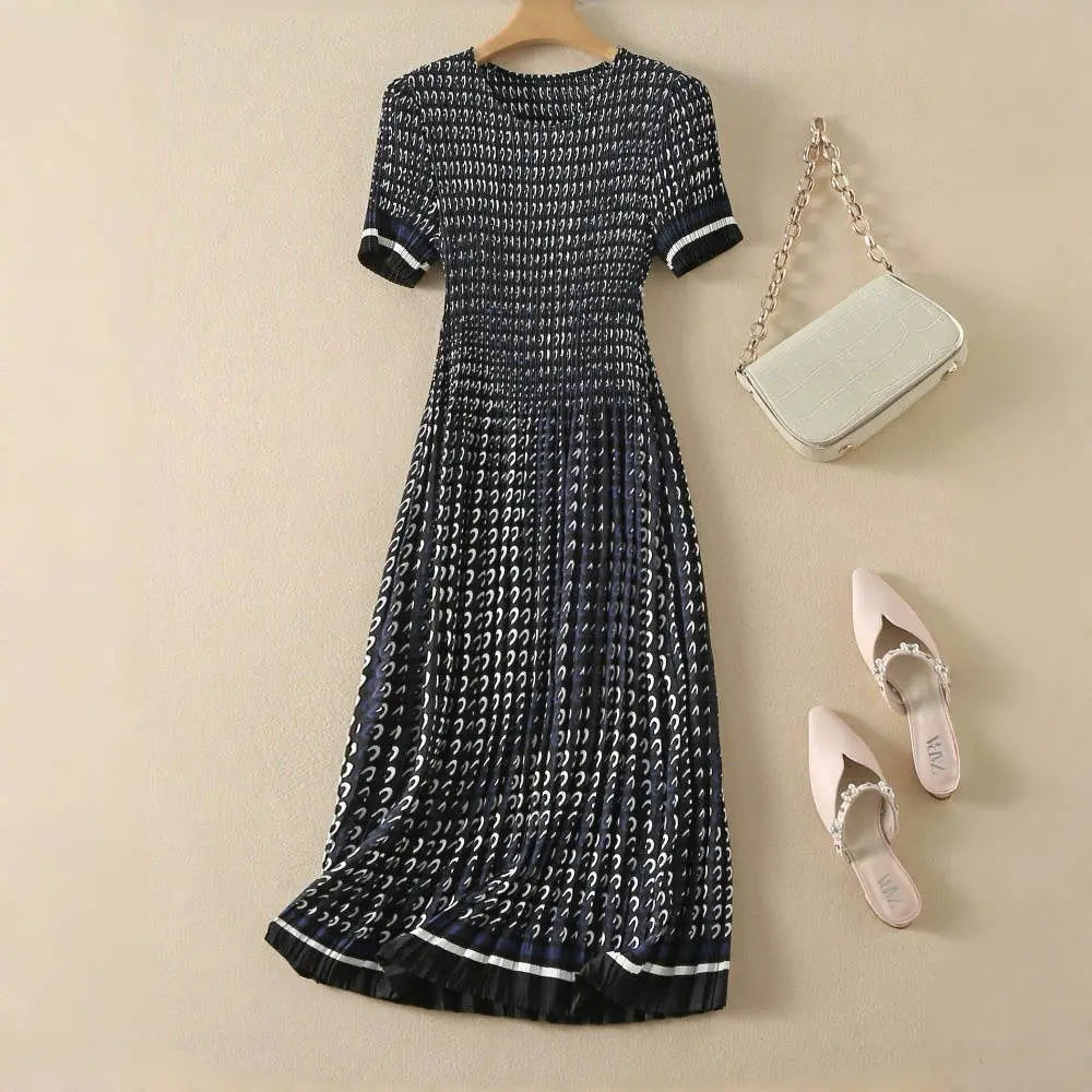Pleated dress, women's waist collection, short sleeved floral long skirt, elegant 2024 summer new style DRESS