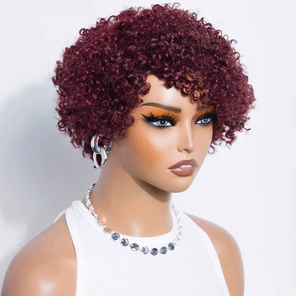 Peruvian Curly Human Hair Wigs With Bangs Short Pixie Cut Bob Wig  Reddish Brown Glueless Curly Wig Full Machine Wigs For Women