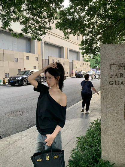2026 Summer Off Shoulder T-shirt Women Sexy Y2K Korean Fashion Crop Tops Woman Vintage Japanese White Tee Shirt Femme Clothes