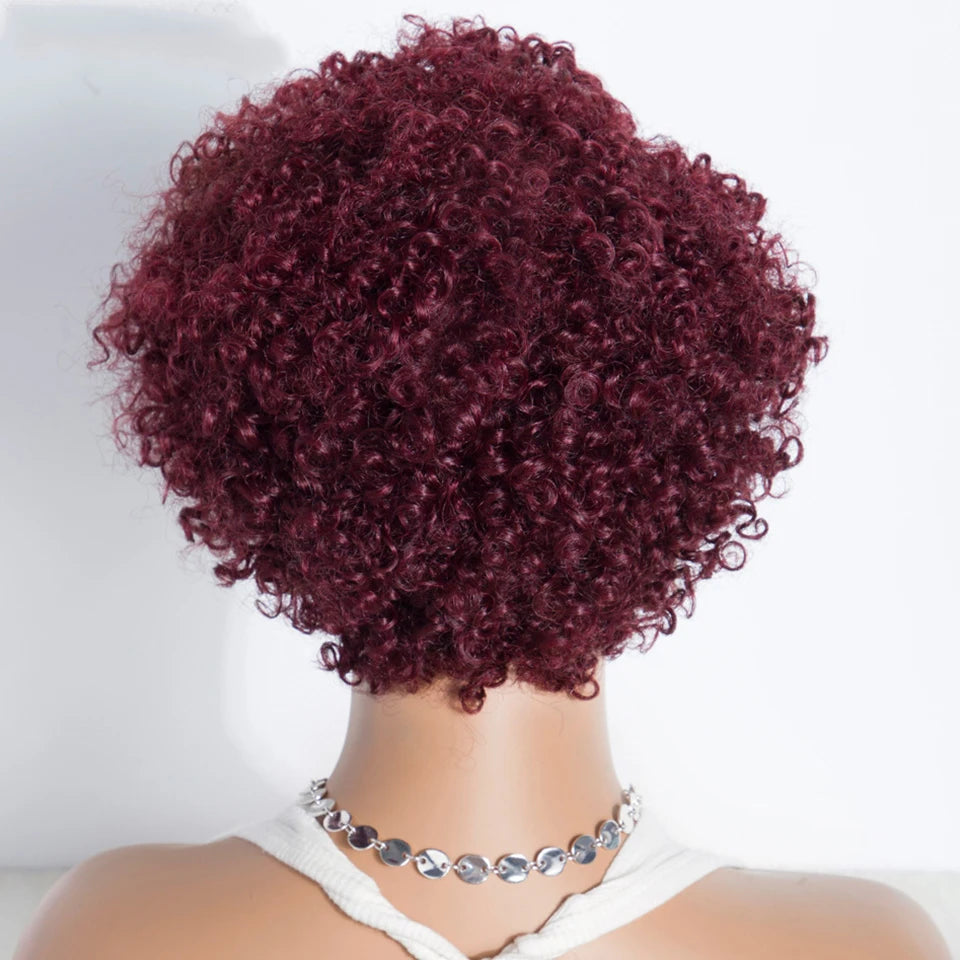 Peruvian Curly Human Hair Wigs With Bangs Short Pixie Cut Bob Wig  Reddish Brown Glueless Curly Wig Full Machine Wigs For Women