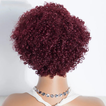 Peruvian Curly Human Hair Wigs With Bangs Short Pixie Cut Bob Wig  Reddish Brown Glueless Curly Wig Full Machine Wigs For Women