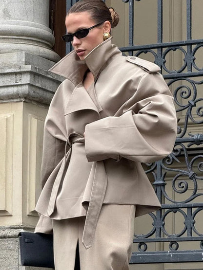 Solid Lapel Lace Up Jacket Elegant Chic Full Sleeve Button Loose Long Coat For Women Office Lady Daily Commute Overcoat 2026 New