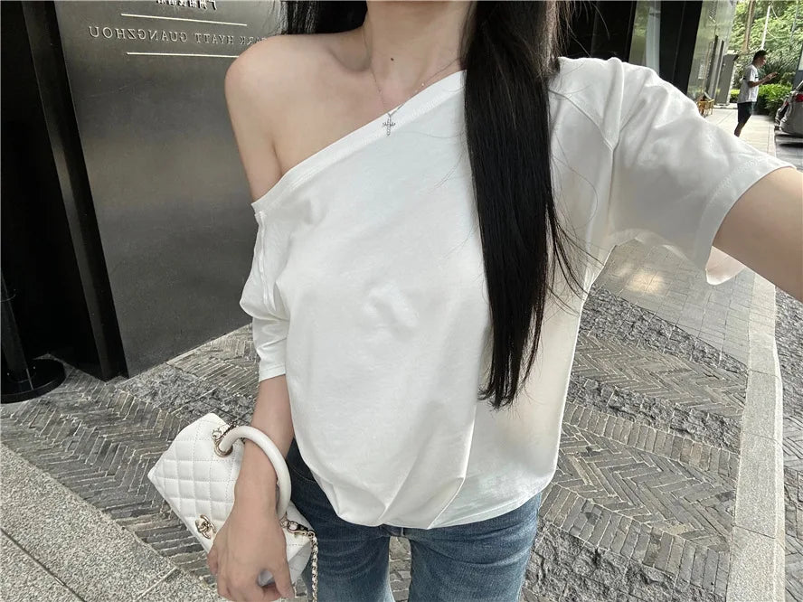 2026 Summer Off Shoulder T-shirt Women Sexy Y2K Korean Fashion Crop Tops Woman Vintage Japanese White Tee Shirt Femme Clothes
