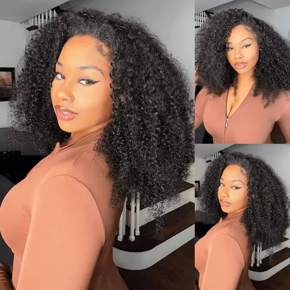 Half Wig Human Hair Wigs 180% Half Wig Kinky Curly Human Hair Wigs 3 In 1 Invisible Hairline Wear Go With Drawstring Seamless