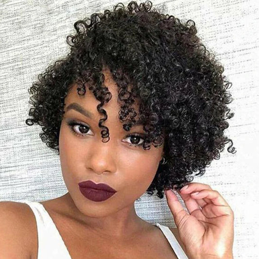 Peruvian Curly Human Hair Wigs With Bangs Short Pixie Cut Bob Wig  Reddish Brown Glueless Curly Wig Full Machine Wigs For Women