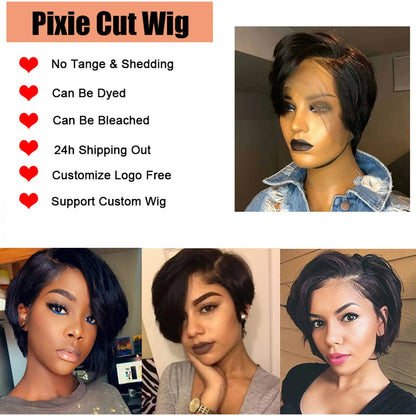 100% Human Hair 13X1 Short Pixie Cut Wigs Straight Bob HD Transparent Lace Frontal Wigs For Black Women 250Density Perruque