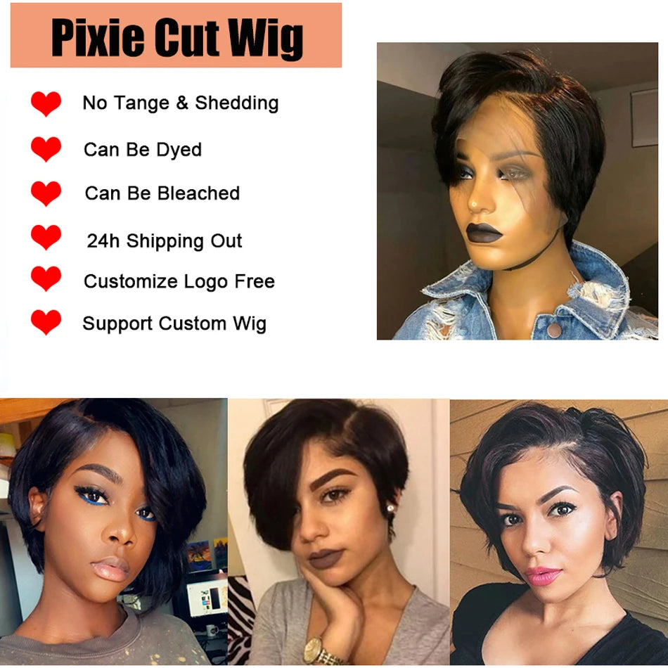 100% Human Hair 13X1 Short Pixie Cut Wigs Straight Bob HD Transparent Lace Frontal Wigs For Black Women 250Density Perruque