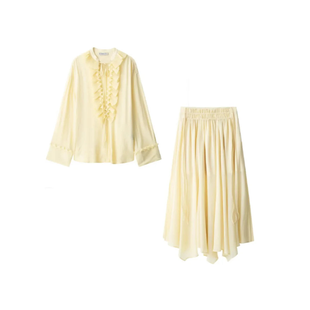 HH Women Summer Fashion Skirt Suit V-Neck Long Sleeves Tierred Decoration Lace-Up Shirts+Side Zipper Circular Chiffon Skirt