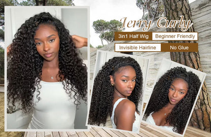 Half Wig Human Hair Wigs 180% Half Wig Kinky Curly Human Hair Wigs 3 In 1 Invisible Hairline Wear Go With Drawstring Seamless
