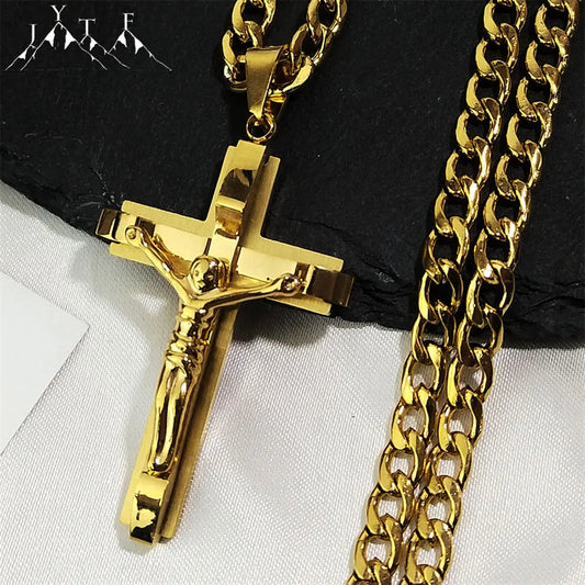 Fashion personality Cross Religious Pendant Men's Faith Stainless steel Gold plated Cross Necklace Punk Jewelry Accessories
