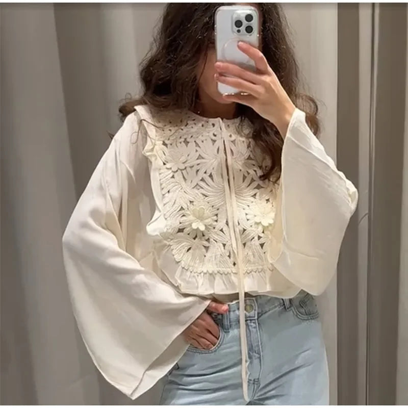Chic Flared Sleeves O Neck Loose Lace Up Shirt Mini Skirts Elegant Floral Embroidered Skirt Set for Women Summer Lady 2 Pcs Suit