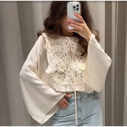 Chic Flared Sleeves O Neck Loose Lace Up Shirt Mini Skirts Elegant Floral Embroidered Skirt Set for Women Summer Lady 2 Pcs Suit
