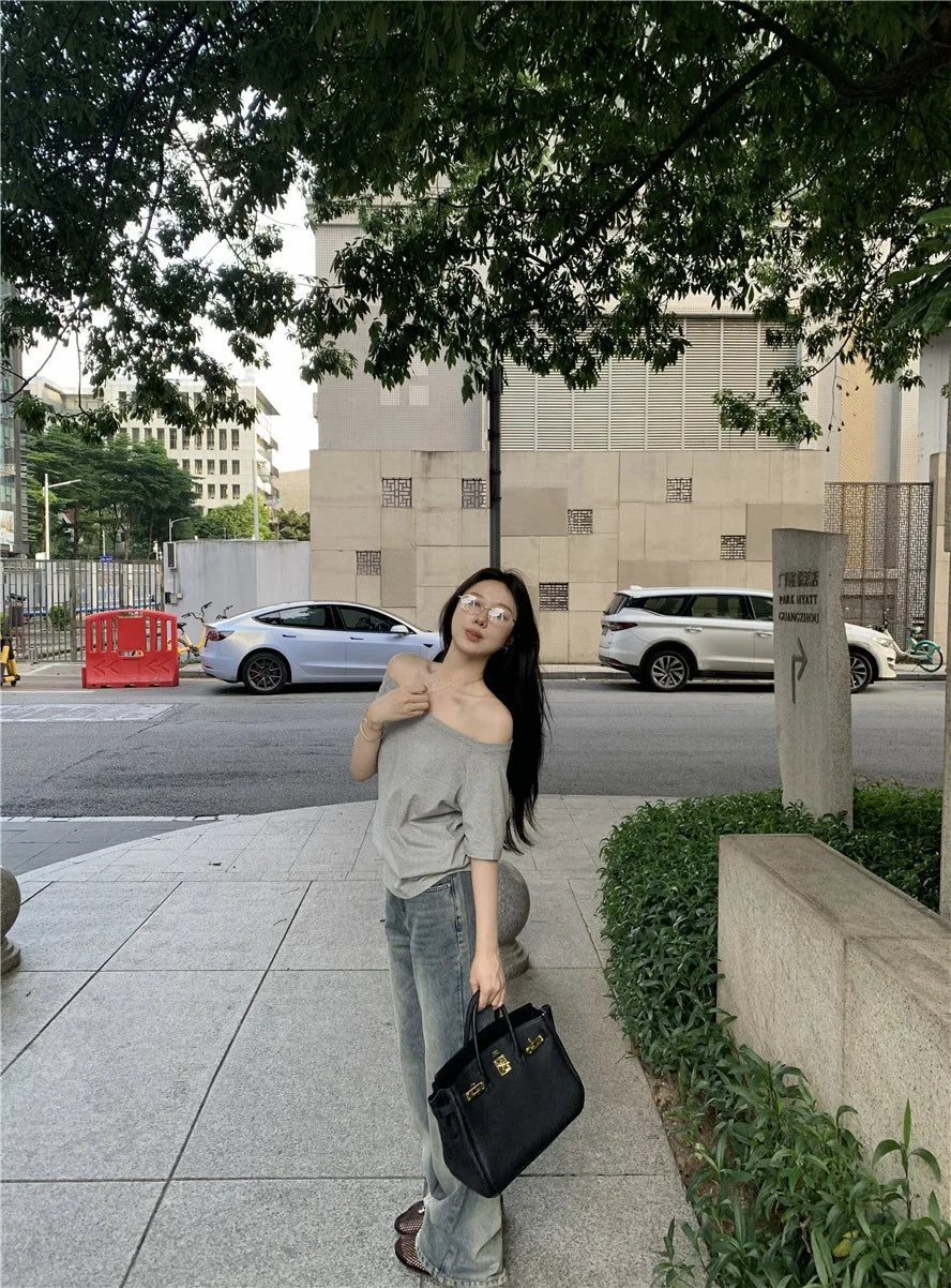 2026 Summer Off Shoulder T-shirt Women Sexy Y2K Korean Fashion Crop Tops Woman Vintage Japanese White Tee Shirt Femme Clothes