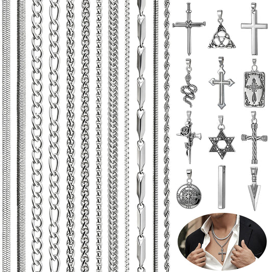 12 Sets Necklaces for Men Stainless Steel Jewelry Set Cross Pendant Necklace Simple Jewelry Gifts Chain Necklace for Men