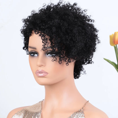 Peruvian Curly Human Hair Wigs With Bangs Short Pixie Cut Bob Wig  Reddish Brown Glueless Curly Wig Full Machine Wigs For Women