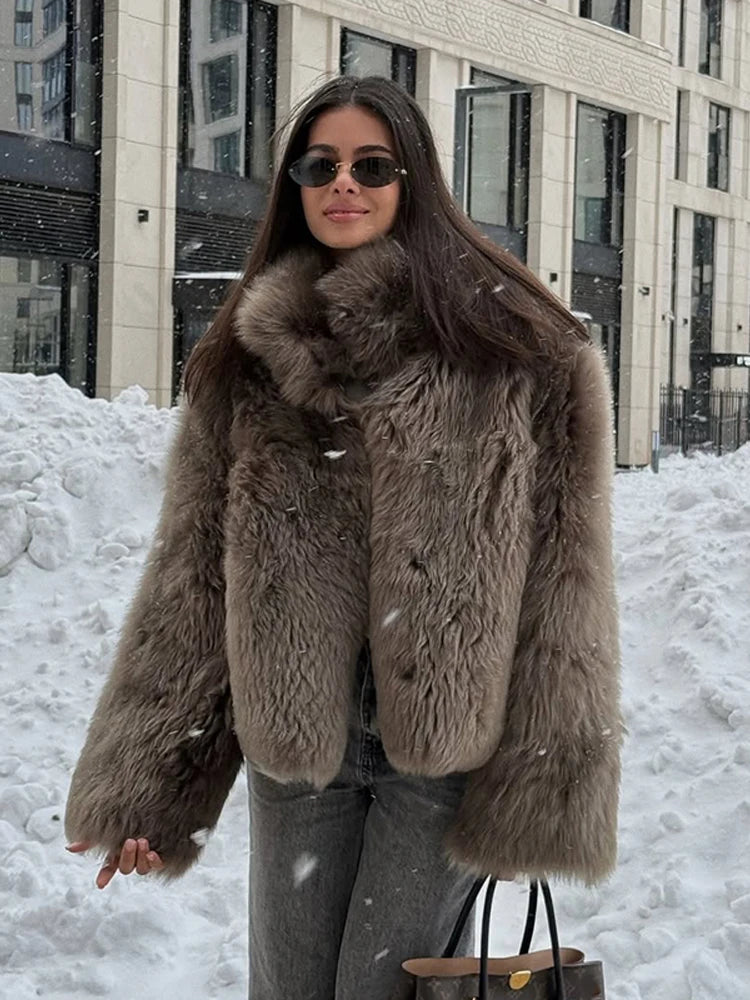 Brown Medium-length Fur Coat Women Lapel Hidden Button Loose  Elegant Outerwear 2025 Fashion Office Lady Commute Overcoat New