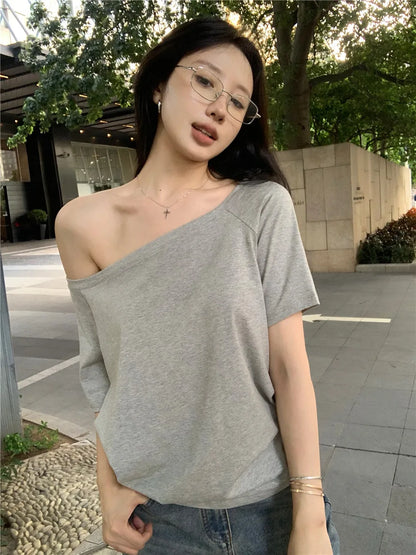 2026 Summer Off Shoulder T-shirt Women Sexy Y2K Korean Fashion Crop Tops Woman Vintage Japanese White Tee Shirt Femme Clothes