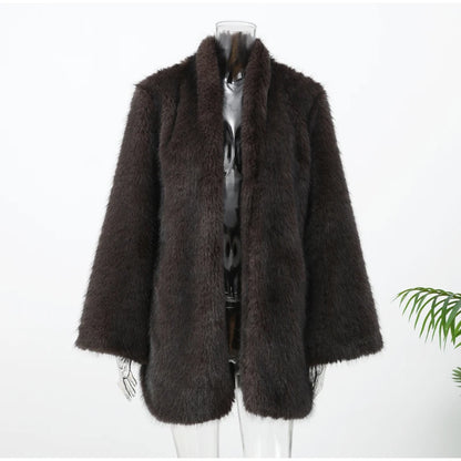 Brown Medium-length Fur Coat Women Lapel Hidden Button Loose  Elegant Outerwear 2025 Fashion Office Lady Commute Overcoat New