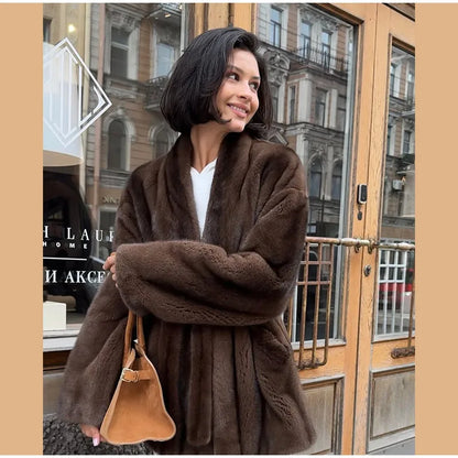 Brown Medium-length Fur Coat Women Lapel Hidden Button Loose  Elegant Outerwear 2025 Fashion Office Lady Commute Overcoat New