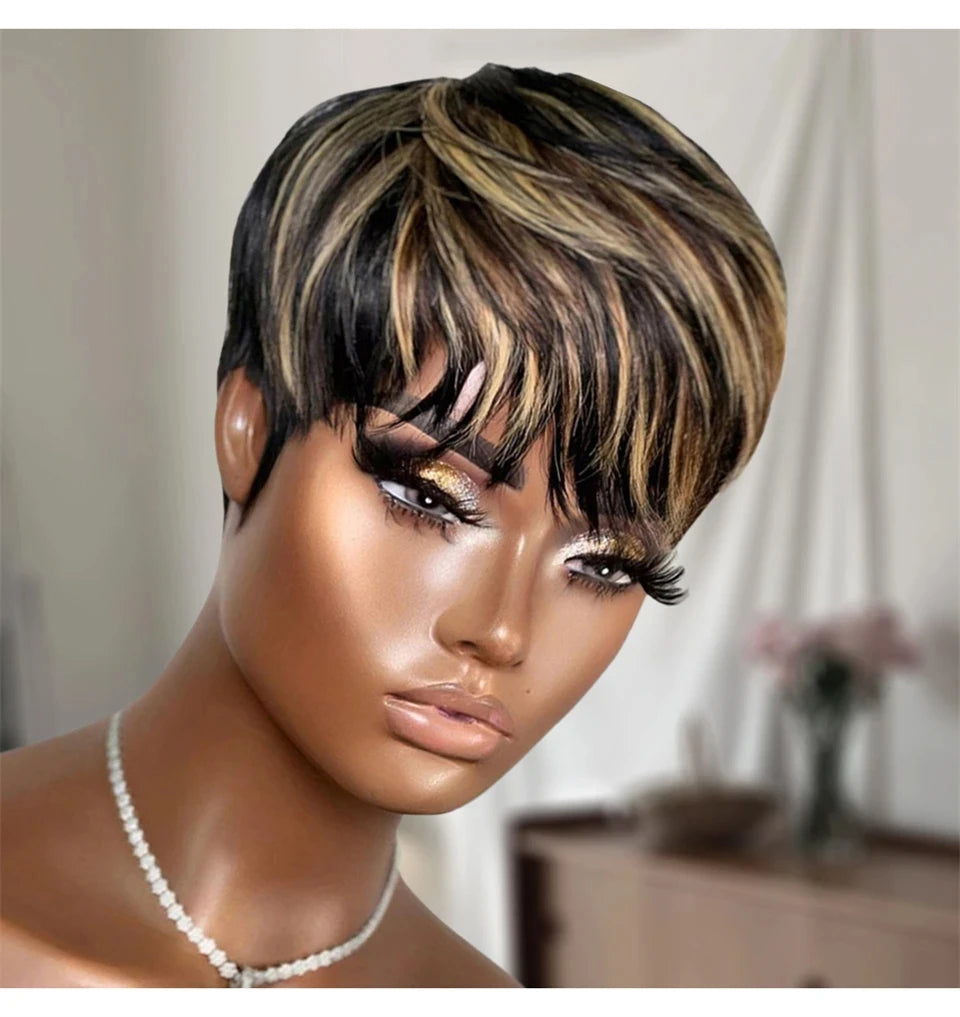 Highlight Wig Human Hair P1b/30# Color Short Pixie Cut Wigs with Bangs Layered Cut Annime Cosplay Costume  Wigs Machine Made