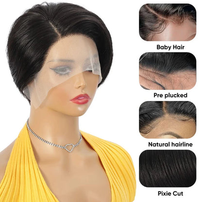 100% Human Hair 13X1 Short Pixie Cut Wigs Straight Bob HD Transparent Lace Frontal Wigs For Black Women 250Density Perruque