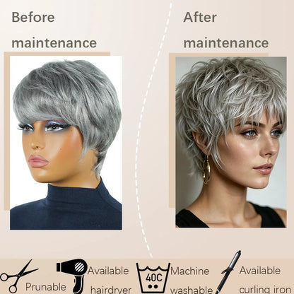 Silver Grey Pixie Wigs Human Hair 100% Full Machine Made Wigs Human Hair Natural Realistic No Tangle Wig For Women Pre Plucked