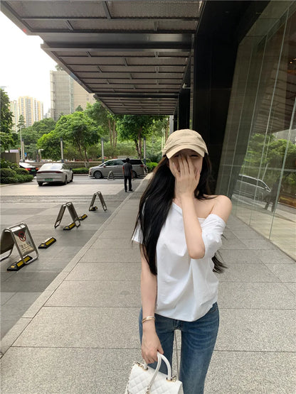 2026 Summer Off Shoulder T-shirt Women Sexy Y2K Korean Fashion Crop Tops Woman Vintage Japanese White Tee Shirt Femme Clothes