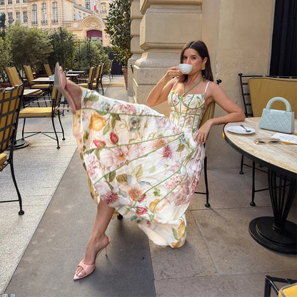 Floral Printed Sleeveless Halter Neck Maxi Dress Lady Waist Cinching A-line Dresses 2026 Women Summer Vacation Party Vestidos