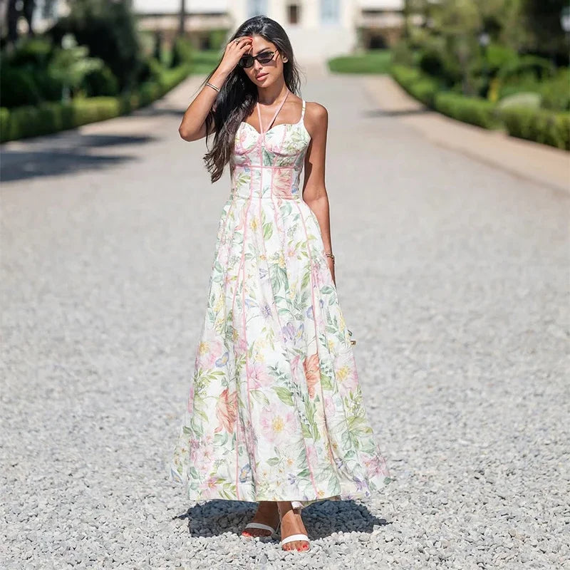 Floral Printed Sleeveless Halter Neck Maxi Dress Lady Waist Cinching A-line Dresses 2026 Women Summer Vacation Party Vestidos