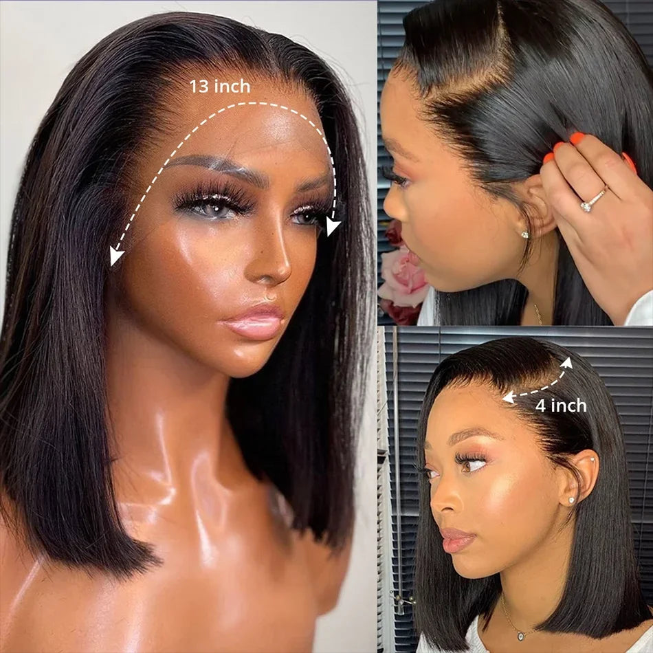 13x4 Bob Brazilian Remy Hair 220% Density Bob Wigs Straight Human Hair Lace Front Wigs Pre-plucked Lace Front Wigs 14 inch