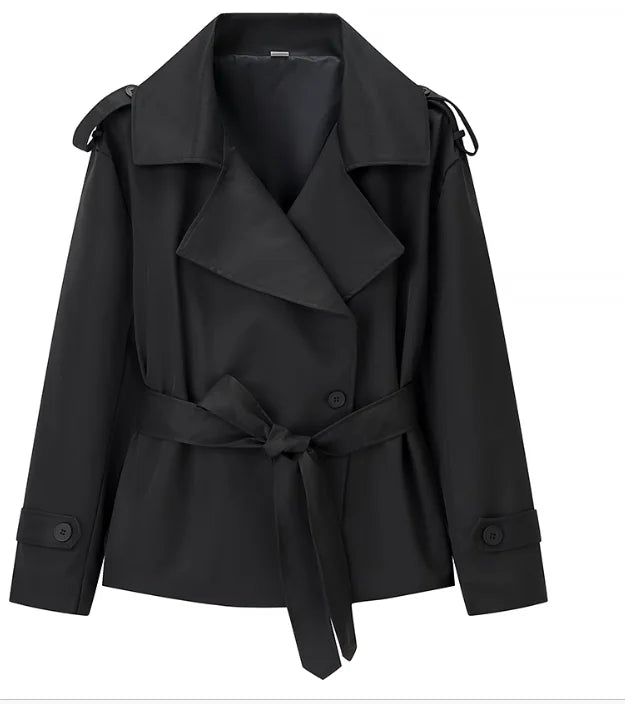 Solid Lapel Lace Up Jacket Elegant Chic Full Sleeve Button Loose Long Coat For Women Office Lady Daily Commute Overcoat 2026 New