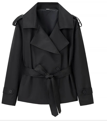 Solid Lapel Lace Up Jacket Elegant Chic Full Sleeve Button Loose Long Coat For Women Office Lady Daily Commute Overcoat 2026 New