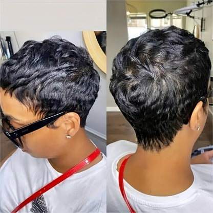 Human Hair Wigs for Women - Short Layered Pixie Cut with Bangs, 1B Color 150% Density Full Machine-Made Wig