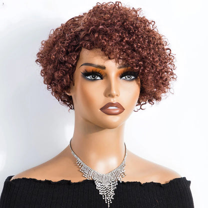 Peruvian Curly Human Hair Wigs With Bangs Short Pixie Cut Bob Wig  Reddish Brown Glueless Curly Wig Full Machine Wigs For Women