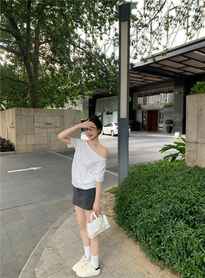 2026 Summer Off Shoulder T-shirt Women Sexy Y2K Korean Fashion Crop Tops Woman Vintage Japanese White Tee Shirt Femme Clothes