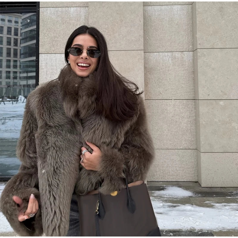 Brown Medium-length Fur Coat Women Lapel Hidden Button Loose  Elegant Outerwear 2025 Fashion Office Lady Commute Overcoat New