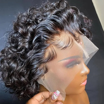 Burmese Hair 6inch Short Kinky Curly Pixie Cut 100% Human Hair Wigs 13x4x1 Transparent Lace Wig Natural Color For Black Women