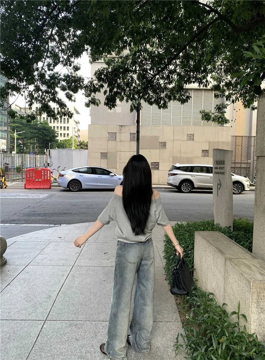 2026 Summer Off Shoulder T-shirt Women Sexy Y2K Korean Fashion Crop Tops Woman Vintage Japanese White Tee Shirt Femme Clothes