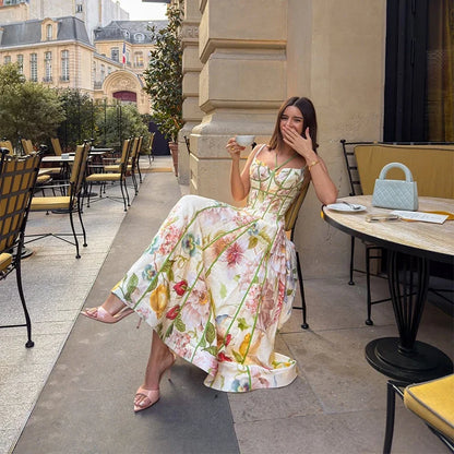 Floral Printed Sleeveless Halter Neck Maxi Dress Lady Waist Cinching A-line Dresses 2026 Women Summer Vacation Party Vestidos